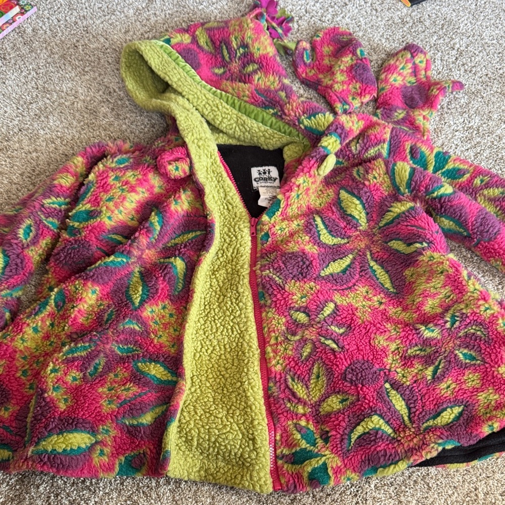 Corky & Company Wool & Fleece Hooded Swing Floral Jacket with Matching Mittens
